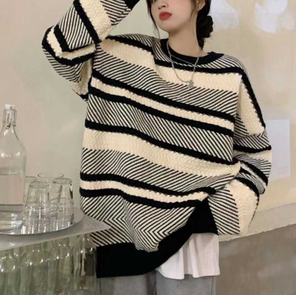 トップス ニットセーター長袖 萌え袖 クルーネック ルーズ ゆったり ビッグシルエット メンズライク ボーダー ジャガード ストライプ モノトーン あたたか 人気 おすすめ おしゃれ お洒落 wto0
