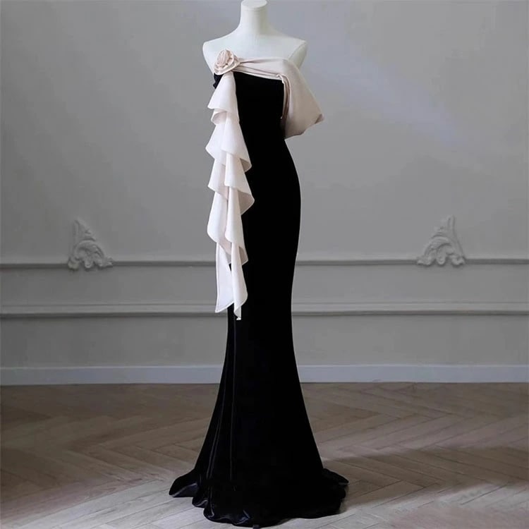 タイムセールマーメイドドレス イブニングドレス 黒 呼ばれドレス ロングドレス ワンショルダー 編み上げ バックリボン オシャレ キレイめ タイトドレス パーティードレス 結婚式二次会演奏会披露宴演奏