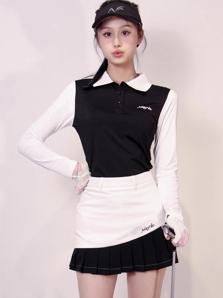 ゴルフウェア レディース スポーツウェア プリーツスカ 薄手 冷感 長袖 日焼け止め POLOシャツ Tシャツ スカート 上下セット 黒白 女性 テニスウェア 速乾 春 夏 韓国風 おしゃれ