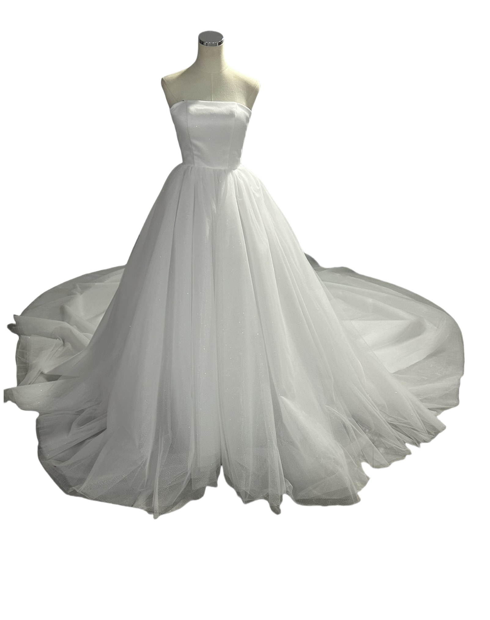 ウェディングドレス ベアトップ ロングトレーン キラキラチュール ファスナー 結婚式