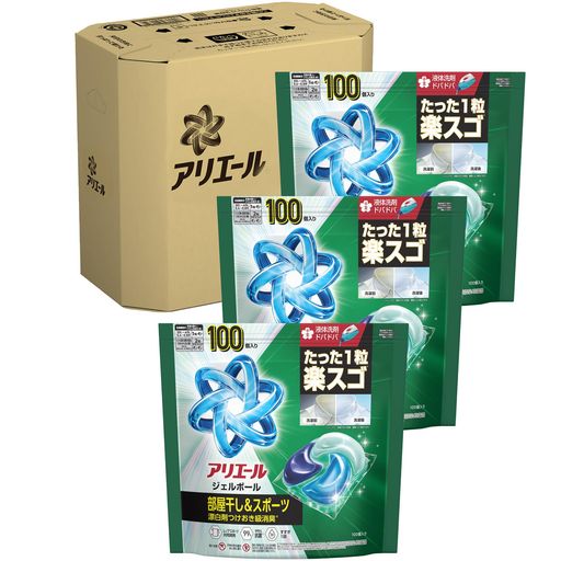 アリエール ジェルボール 【ケース品】 大容量 100個×3袋 部屋干し&スポーツ消臭 洗濯洗剤 詰め替え