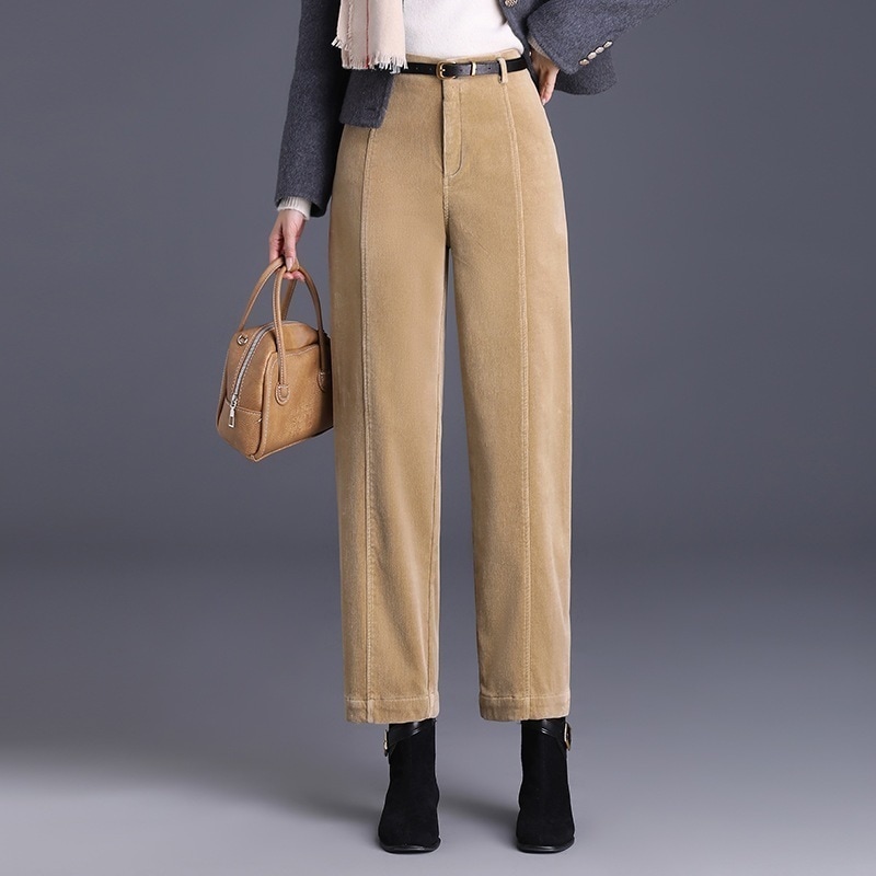 裏起毛 綿コーデュロイパンツ ハイウエスト 9分 ストライプ ガウチョパンツ 秋冬