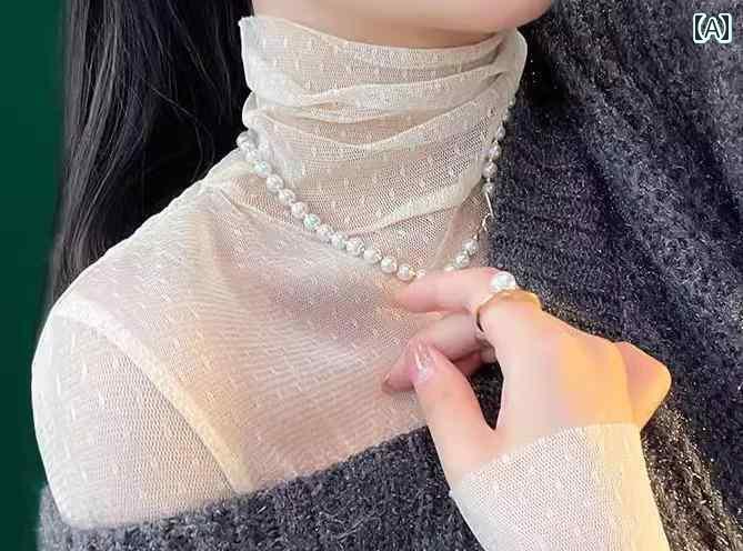 シアートップス レディース 秋冬 春 ハイネック メッシュ レース 透け感 重ね着 プルオーバー スリム 薄手 おしゃれ カジュアル 総柄 水玉 大きめサイズ 黒 白 アプリコット 5,704円