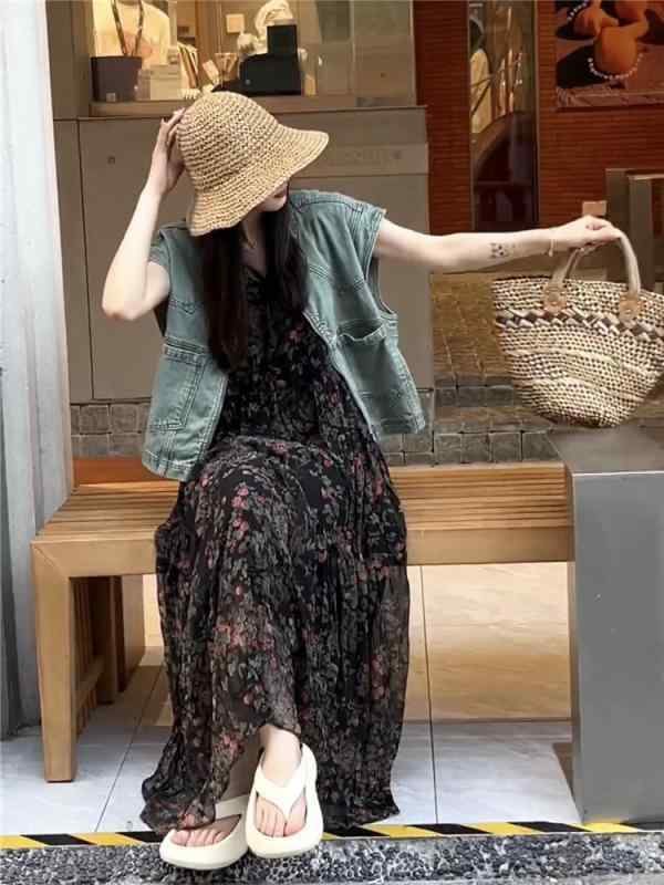 レディース デニム ベスト ノースリーブ ジップアップ ポケット 夏 レトロ セット ワンピース ロング丈 花柄 大人 おしゃれ