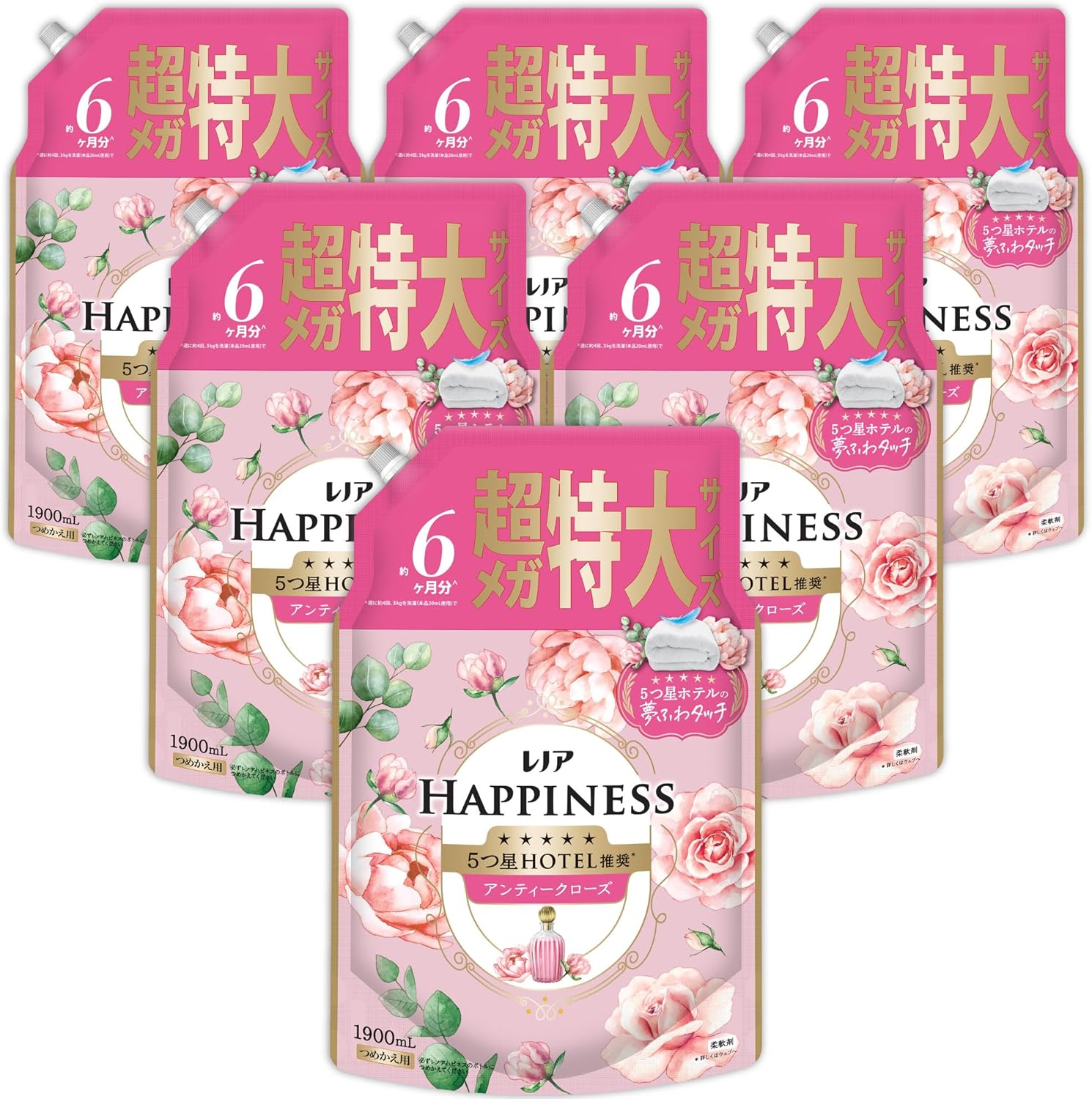レノア Lenor ハピネス 夢ふわタッチ 柔軟剤 アンティークローズ 詰め替え 1900mL×6袋 大容量 ケース品