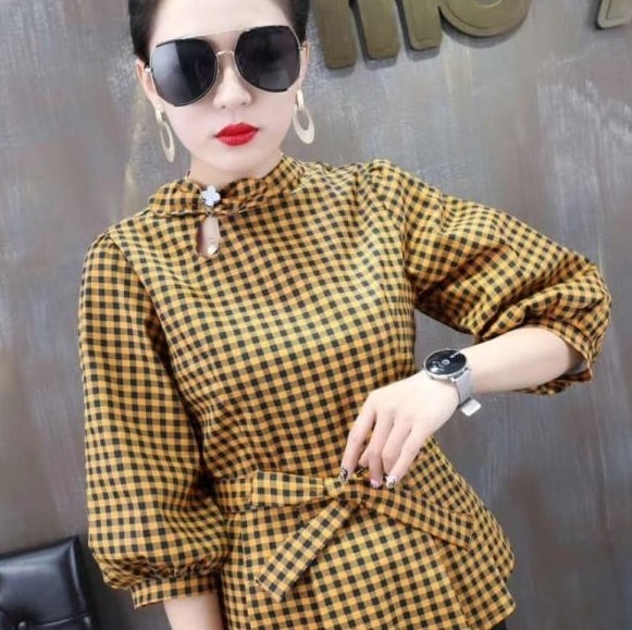 2333.ボリューム袖ウエストリボンギンガムチェック五分袖ブラウス(イエロー) 2019 春夏 新作 大人 かわいい カジュアル OL 20代 30代 デート服 女子会 個性的 着やせ 体型カ