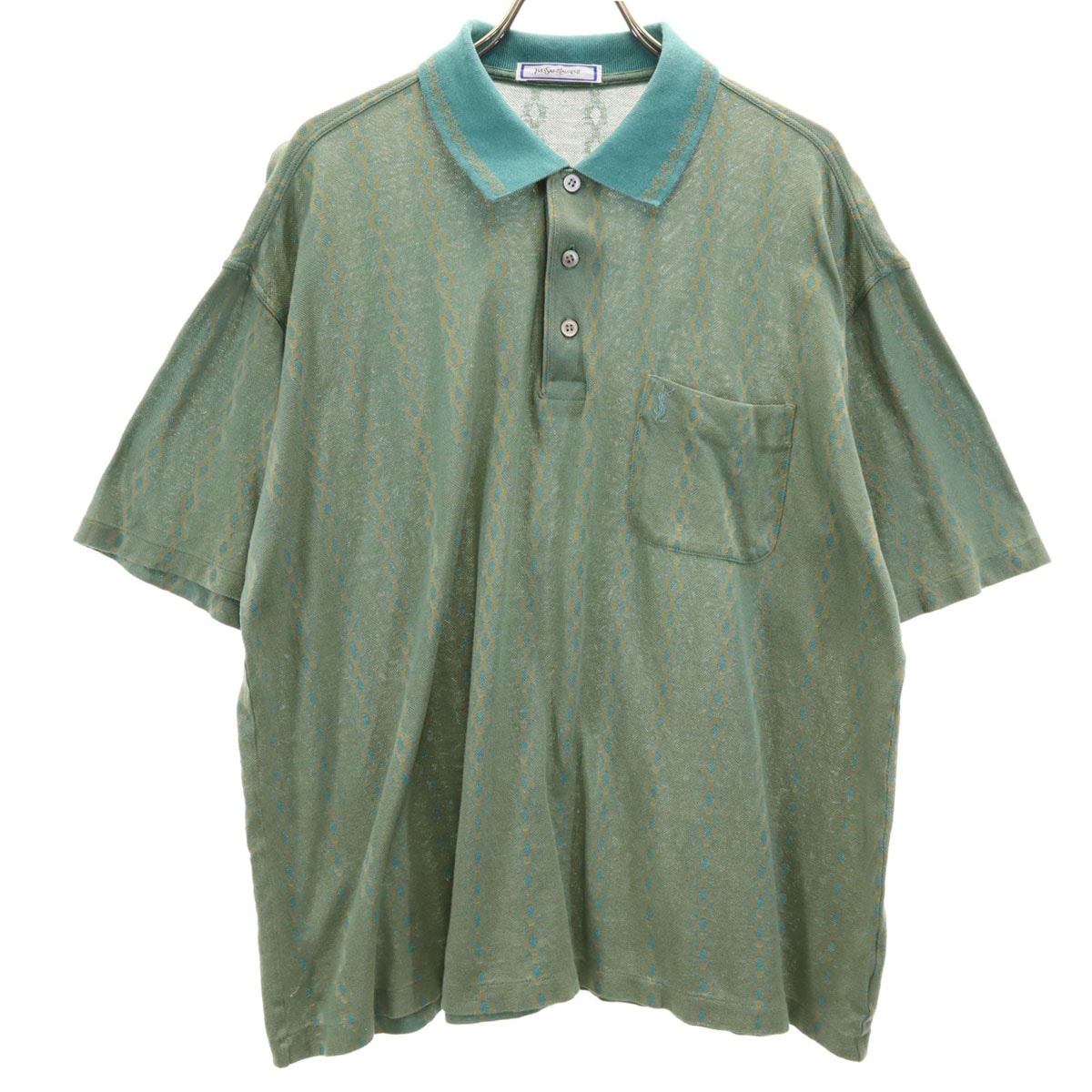90s オールド ストライプ柄 半袖 ポロシャツ L グリーン系 メンズ 古着