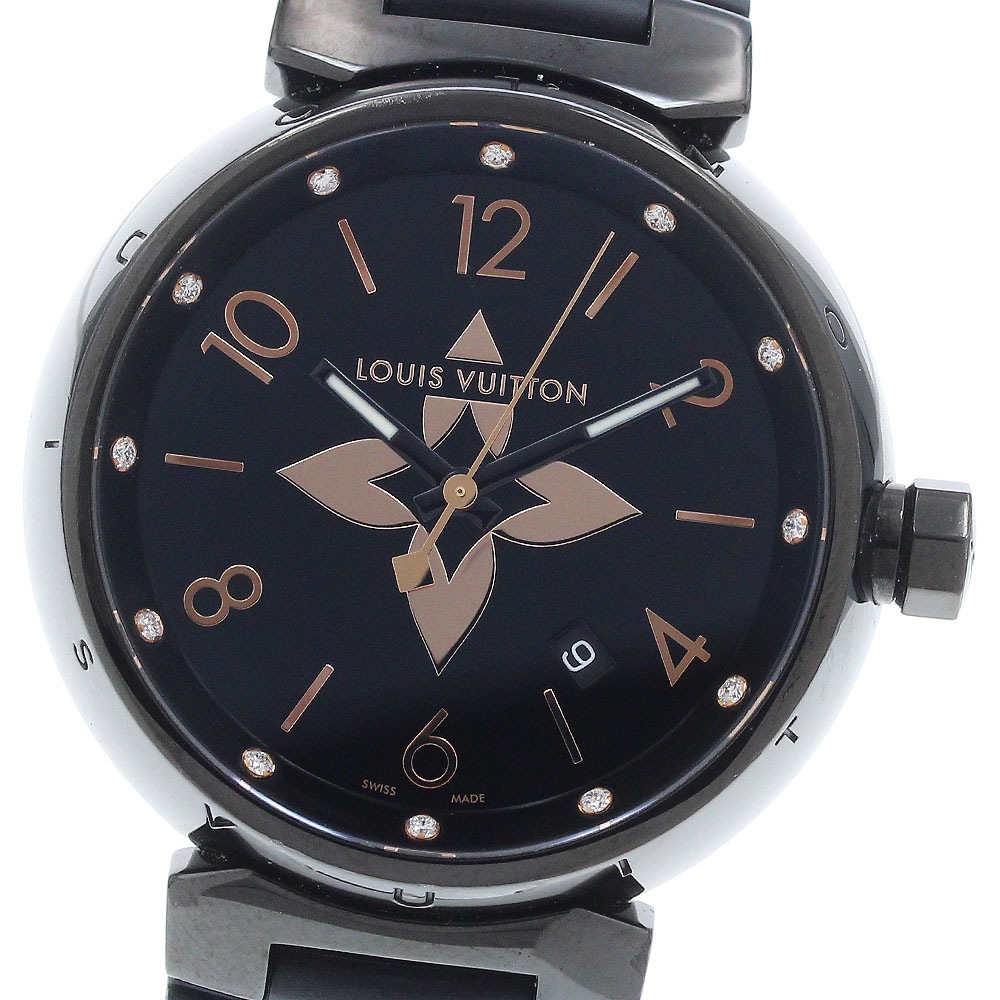 ルイ・ヴィトン LOUIS VUITTON QA049 タンブール オールブラック GM 12Pダイヤ デイト クォーツ メンズ 良品 _942582【中古】