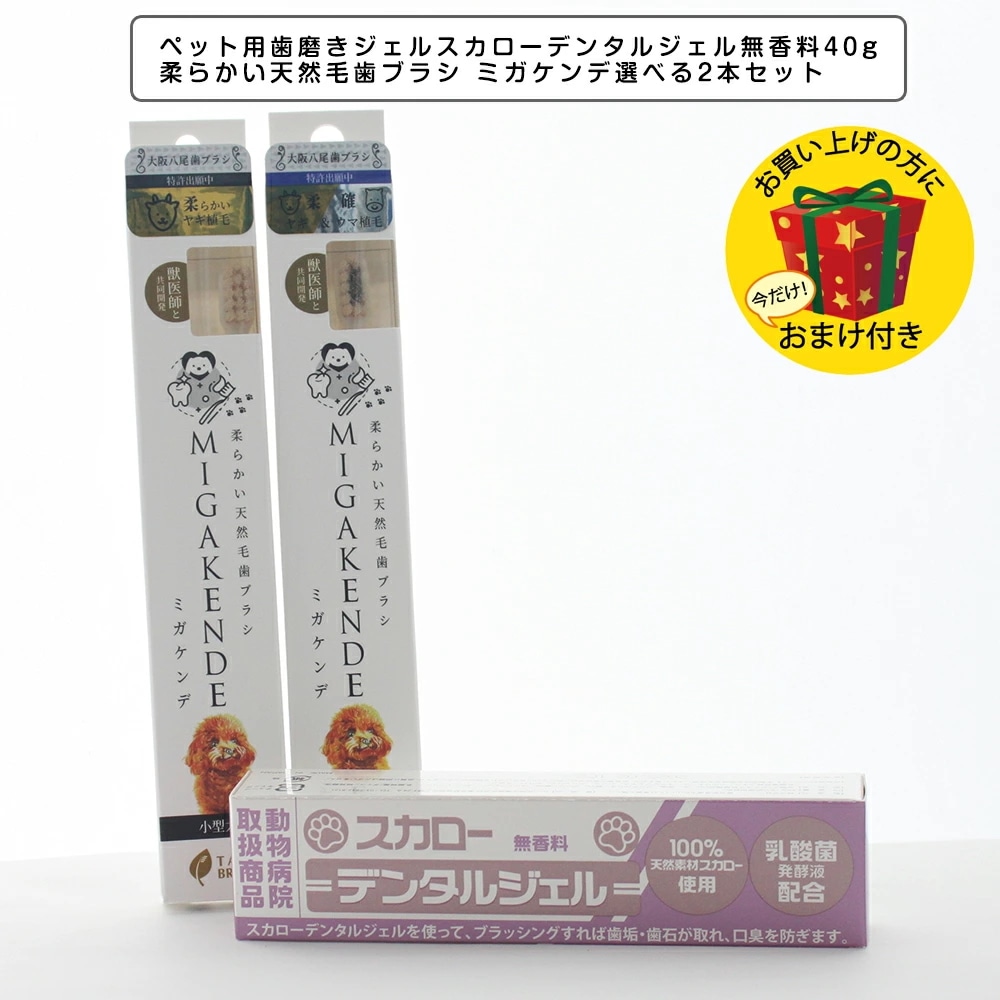 ペット用歯磨きジェル スカローデンタルジェル無香料 40gと柔らかい天然毛歯ブラシ ミガケンデ選べる