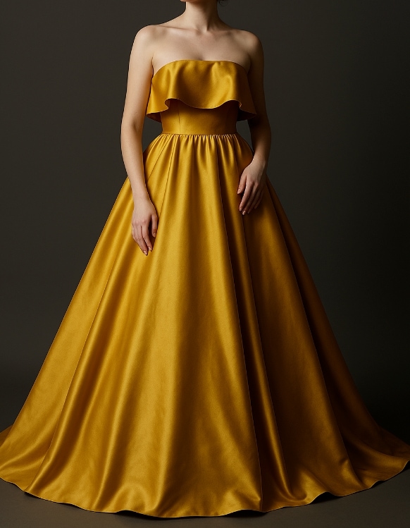 カラードレス ベアトップ 鬱金色 ファスナー 光沢サテン スレンダーライン 前撮り 2次会