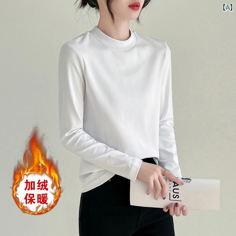レディース トップス シンプル おしゃれ 秋冬 長袖 ハーフ ハイネック ホワイト 起毛 ボトム 綿 スタンドカラー Tシャツ小 丸 襟 暖かい