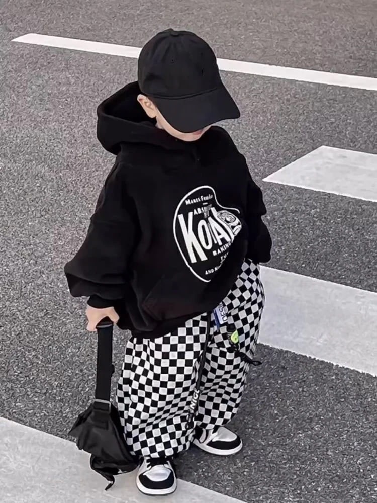男の子 裏起毛 2点セット フード付きスウェット+チェックパンツ セットアップ キッズ ファッション 保温 上下セット ハンサム 子供服 運動セットアップ