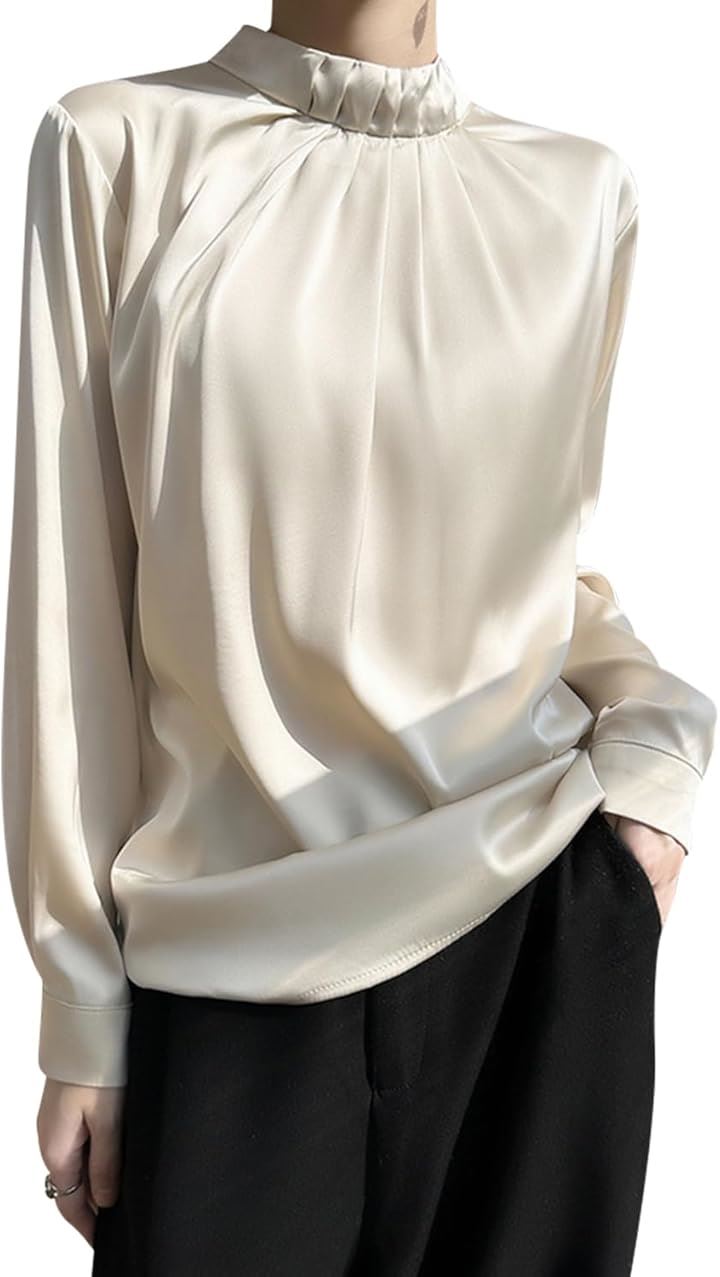 ブラウス レディース シャツ 長袖 プルオーバー サテン シルクタッチ 光沢 エレガント(シャンパン, XL) 4,842円