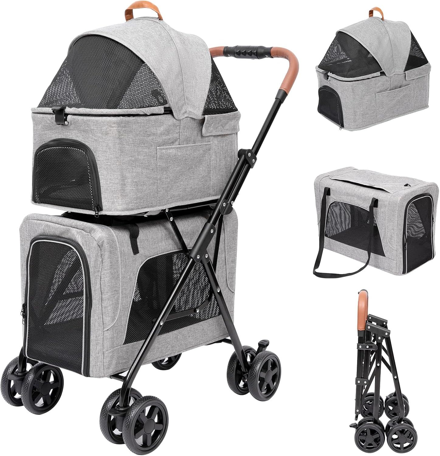 ペットカート 2段式の上下段セット 多頭 猫 犬 小型犬 中型犬 取り外し可能 分離 軽量 お出かけ 多機能 耐荷重(約) 上段10KG 下段10KG