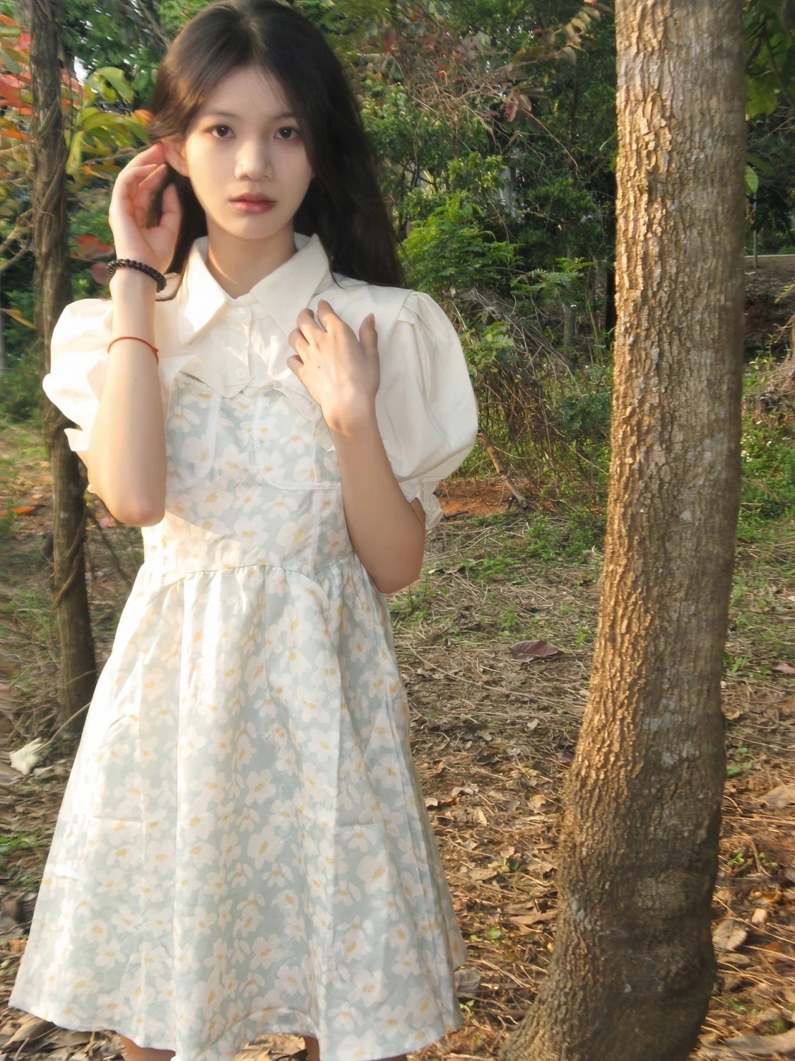 ワンピース小柄な花のバブルスリーブワンピース夏の細身スカート2点セット