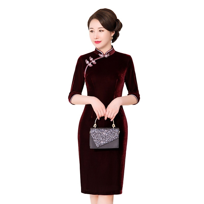 秋チャイナドレス純色改良ミディアムチャイナドレススカート常中式ベルベットチャイナドレススカート女