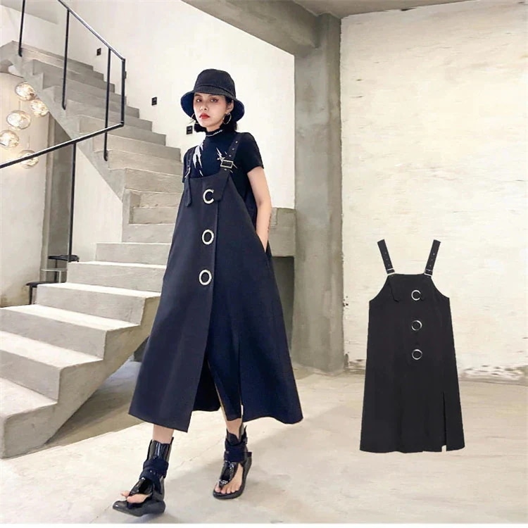 早い者勝ち ジャンパースカート ロング丈 スカートサロペット 個性的な変形デザイン ブラック