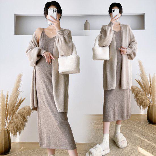 取寄ルームウェア レディース 長袖 2点セット 上下セット 秋冬 大きいサイズ ルームワンピース キャミワンピ カーディガン 羽織 かわいい 部屋着 おうち服 シンプル 無地 カジュアル ニット生地