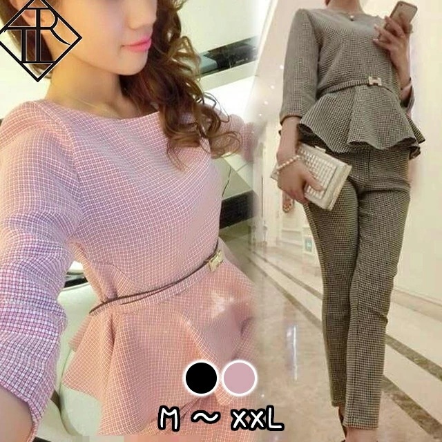 【即納】セットアップ レディース セットアップ ニット秋冬 パンツ ドレス スーツ セット ワイドパンツ 大きいサイズ 千鳥格子 ぺプラム ベルト付き 脚長効果 美脚効果 フォーマル お出かけ お呼ば