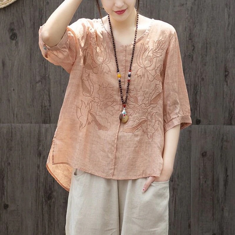 コットンとリネンの刺繍入りルーズ V ネック T シャツ女性用夏薄手で通気性の高い文学的な 4 分袖トップス女性用