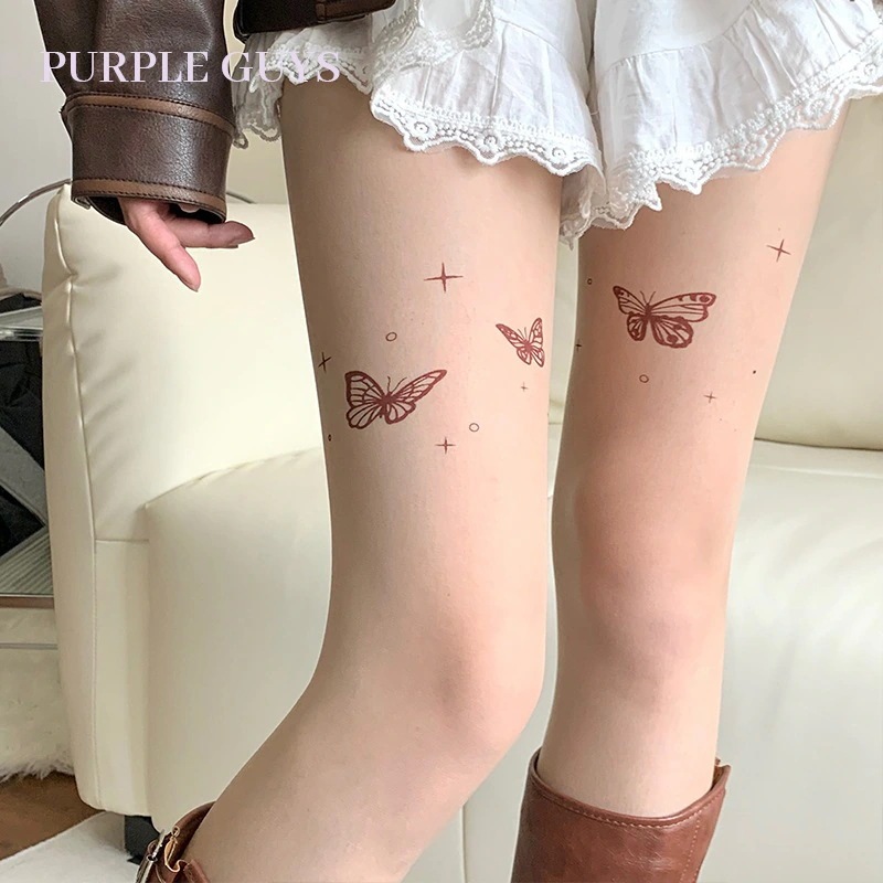 【1つ買うと10つ無料】女性のための蝶の印刷されたストッキング純粋な薄いスタイルアンチフックシルクビューティーパンキーホースランダムカットソックス