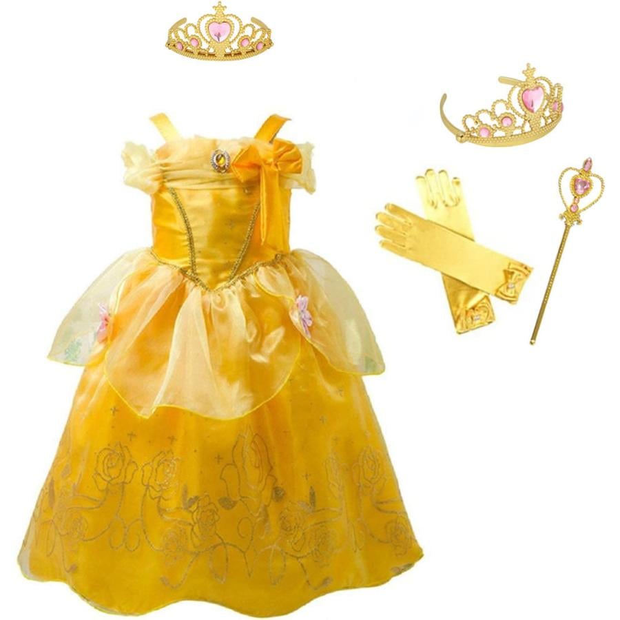 2024新作先行発売ベル ドレス 子供 コスプレ 衣装 美女と野獣 豪華４点 セット ( プリンセス ドレス 手袋 ティアラ ステッキ ) 100 110 120 130 140【短納期】