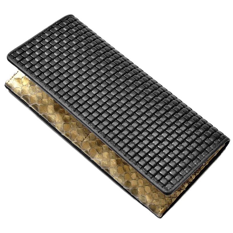 【新規OPEN】【期間限定】日本製！牛革ブロックメッシュ型押し/薄金錦蛇！ロングウォレット　BM-401　BK