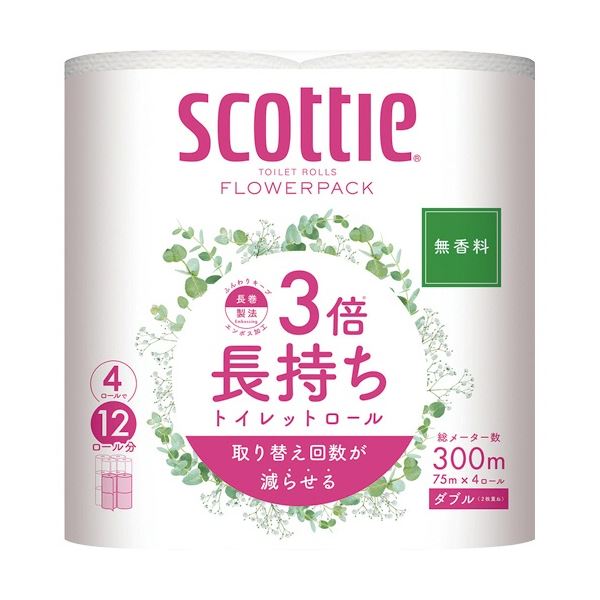 (まとめ) 日本製紙クレシア スコッティ フラワーパック 3倍長持ち ダブル 芯あり 75m 1パック(4ロール) (×20セット)
