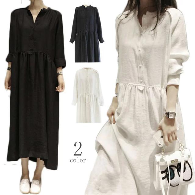 レディース　マキシ丈ワンピース　シャツワンピ　ロングワンピ　ワンピース　マキシ丈　無地　ゆったり　クラシック風　綿麻 192