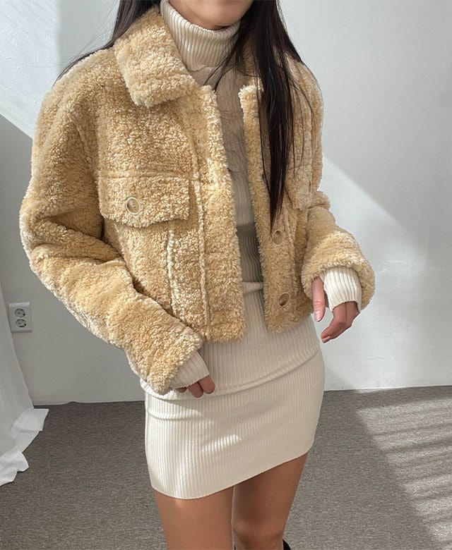 (3color/デイリー) ルーズフィット ファー 雲 クロップ ムートン ジャケット