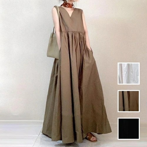 ワンピース カジュアル ロング マキシ丈ワンピ 韓国 ファッション レディース 春 夏 カジュアル コーデ シンプル 定番 セレカジ 20代 30代 40代 2025 ナチュラルテイスト ギャザ