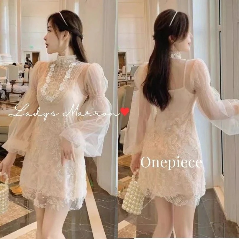 【急速出荷 2025年新作】ミニドレス 白 パーティードレス お呼ばれワンピース 韓国 ドレス ホワイトドレス 花柄ドレス ガーリードレス ミニワンピース 花柄 リーフ柄 ハイネック 春 秋 長袖 ミ