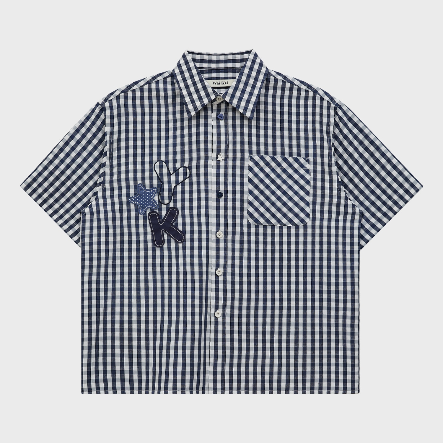 Check Applique Button Half Shirt NAVY