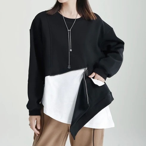 ジップ斜めレイヤードプルオーバー黒白 個性的なデザイン ステージ衣装 演出衣装 イベント こせい 個性 特徴あり 新作 TV 主演 ステージ衣装 舞台 おしゃれ