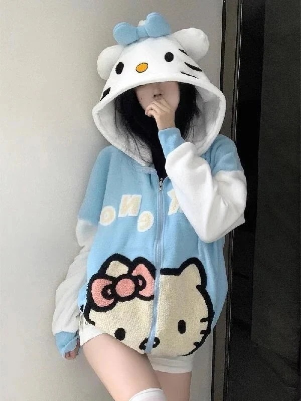 トップスパーカージャケット レディース ポーラーフリース 2024hellokitty かわいい 刺繍 冬 ハローキティ 暖かい フード付きセーター