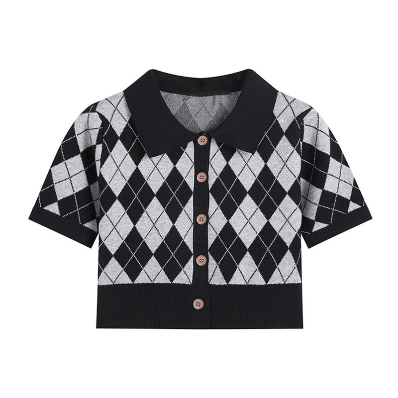 トップス ニットソー ショート丈 半袖 レギュラー袖 襟付き レディース 個性的 前開き 薄手 大人 可愛い カジュアル お洒落 キュート とろみ感 柄 菱形 夏 10代 20代 ブラック 公園
