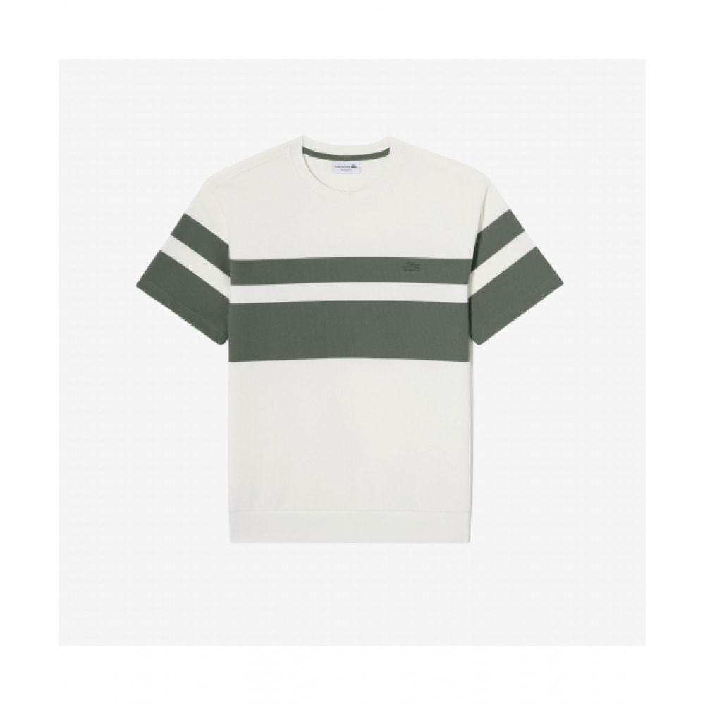 LACOSTE メンズ オーバーサイズ ミラノ チェスト ストライプ Tシャツ [カーキ]