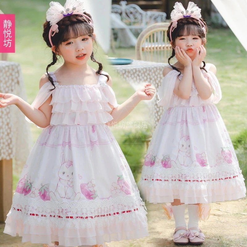 オリジナルストロベリーピンクうさぎ子供用ロリータスカートサスペンダードレスプリンセスドレスガールズロリータ