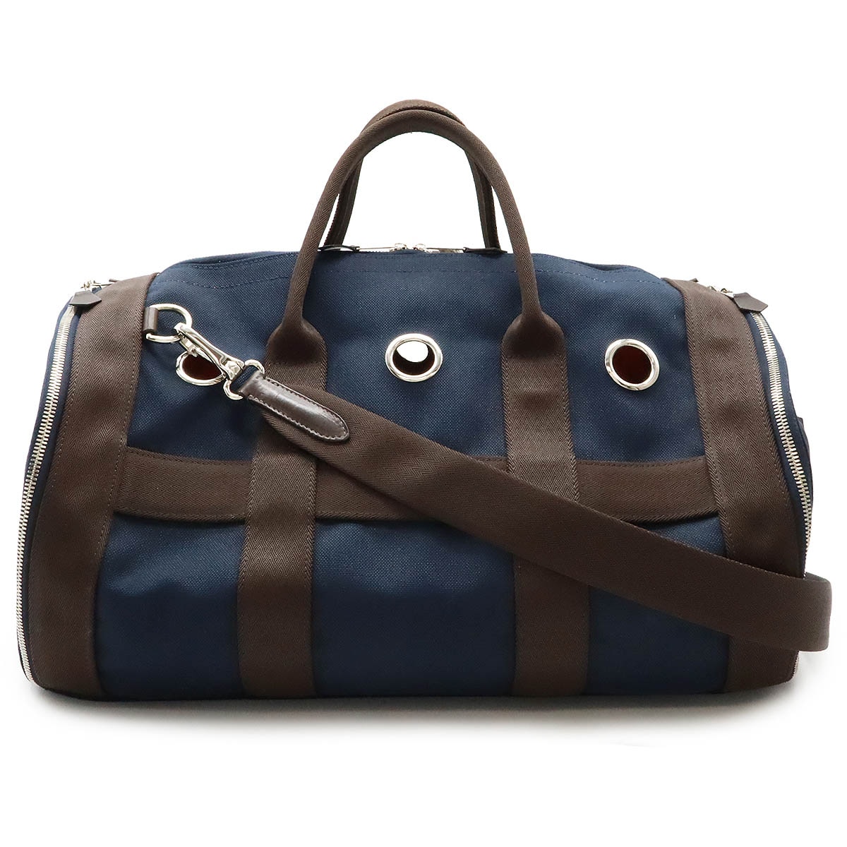 ドッグ キャリーバッグ 犬 猫 ペット ボストンバッグ 2WAY ショルダーバッグ キャンバス レザー ネイビー ダークブラウン Z刻