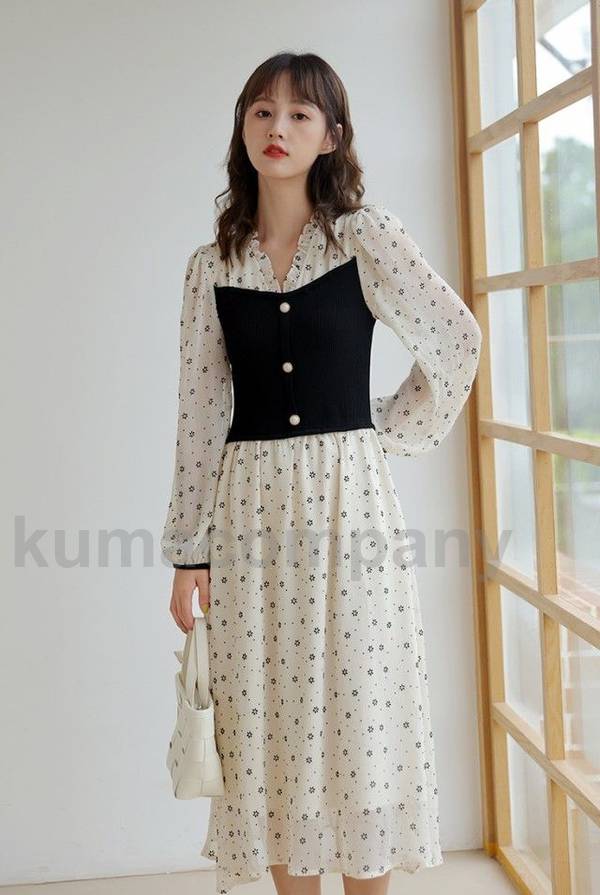 ドッキングワンピース レディース ワンピース 小花柄 ロング ミモレ 長袖 Aライン 大きいサイズ おしゃれ 春 秋 Vネック フリル カジュアル シンプル 大人可愛い 重ね着風 レイヤード風ワンピー