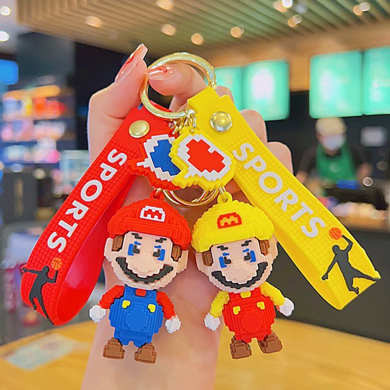 新型積み木マリオ創意キーホルダーネット赤漫画かばん飾り自動車キーホルダーペンダントプレゼント