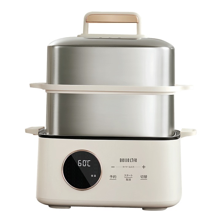 電気蒸し器 蒸し器 スチームクッカー ゆで卵メーカー 大容量9.5L 温泉卵器 家 庭用 ヨーグルトメーカー タイマー ステンレス製 保温 2段 缶詰 25種専用レシピ