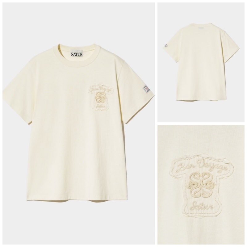 【SATUR】(W) BON VOYAGE RAW-CUT APPLIQUE T-SHIRT : CREAM IVORY