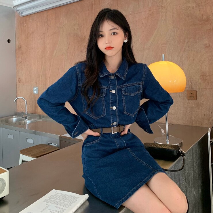 ワンピース レディース デニムワンピース デニム デニムワンピ デニムシャツワンピース 長袖 ベルト付き ミニ ミニ丈 フロントボタン 薄手 レトロ カッコいい おしゃれ オシャレ ハイセンス