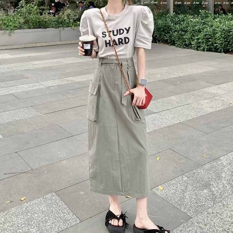 レディース スカート トップス セットアップ Tシャツ 2点セット ロング 半袖 スリム 細身 ストレート ベルト ポケット かわいい 大人可愛い シンプル カジュアル おしゃれ こなれ感 ガーリー