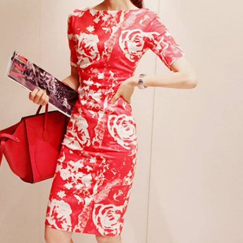 2color レディース ワンピース 半袖 ひざ丈 クルーネック シンプル タイト 総柄