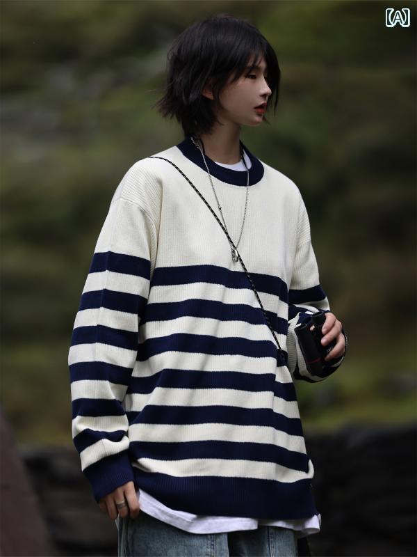 メンズ トップスス おしゃれ 春秋 カレッジ ラウンドネック ストライプセーター カップル カジュアルナー シンプル セーター