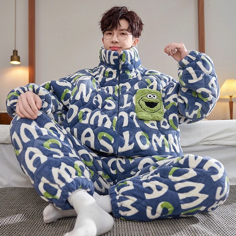 通学 セサミストリートの男性用パジャマ秋冬の3層挟み綿サンゴ絨毯厚手加絨毯冬のフランネルの部屋着 保育園 小学部