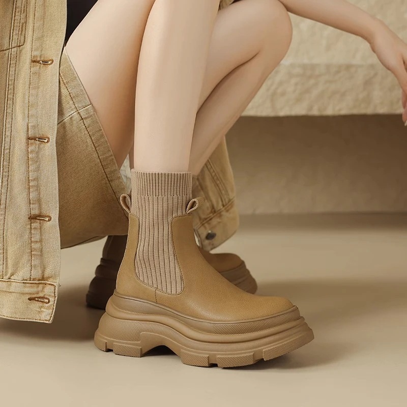 ショートブーツ 厚底ショートブーツレディース新作ストレッチニットブーツ