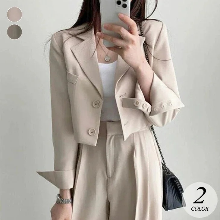 ショート丈 ジャケット センタープレス ワイドパンツ セットアップ スーツ 上下 セット パンツ テーラード ワイド ゆったり きれいめ 上品 カジュアル 仕事 ビジネス 春 夏 秋 おしゃれ 可愛い